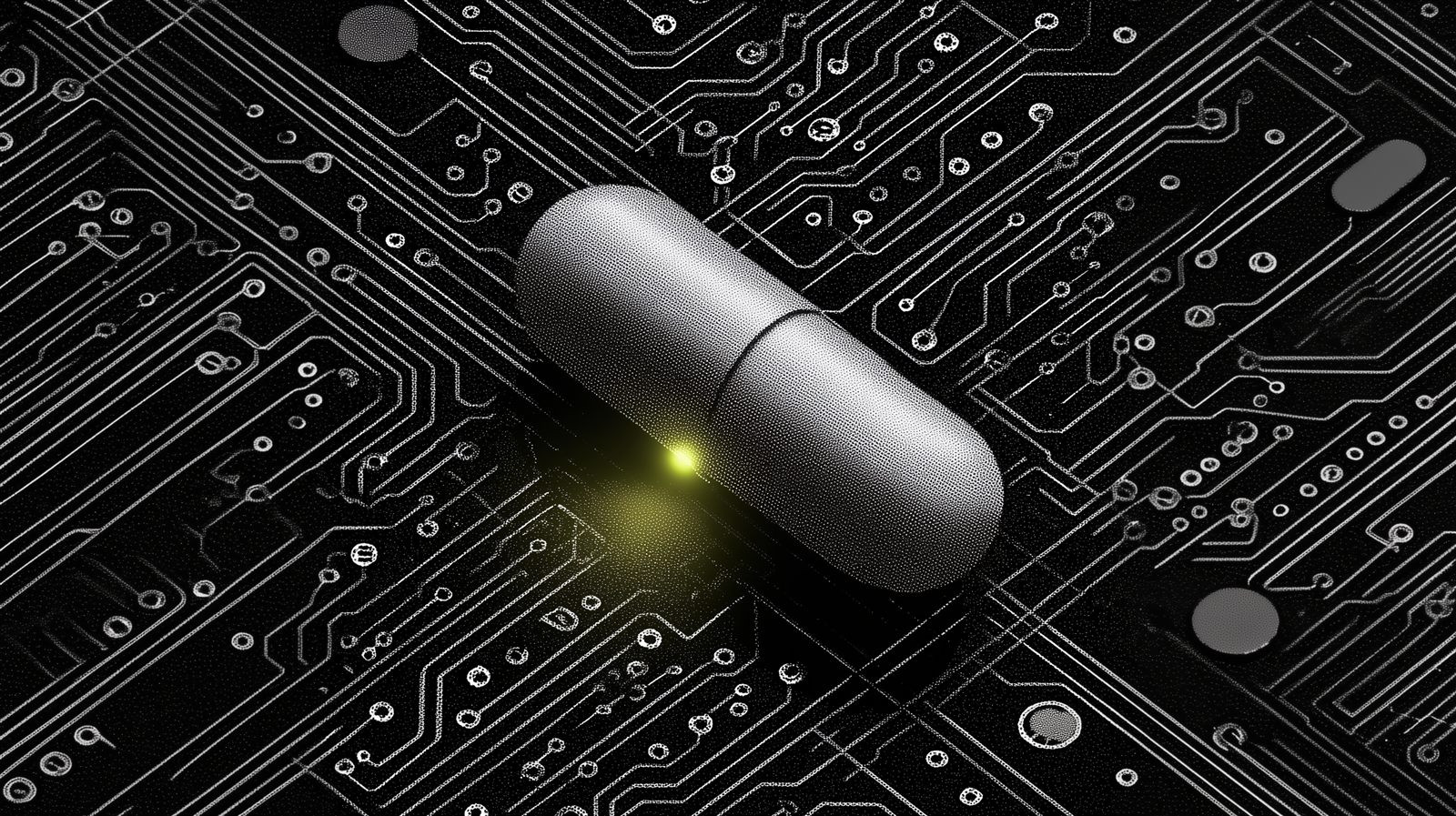 A pharmaceutical capsule resting on a circuit board with a single green glow, illustrating the governance crossover between pharma and AI.