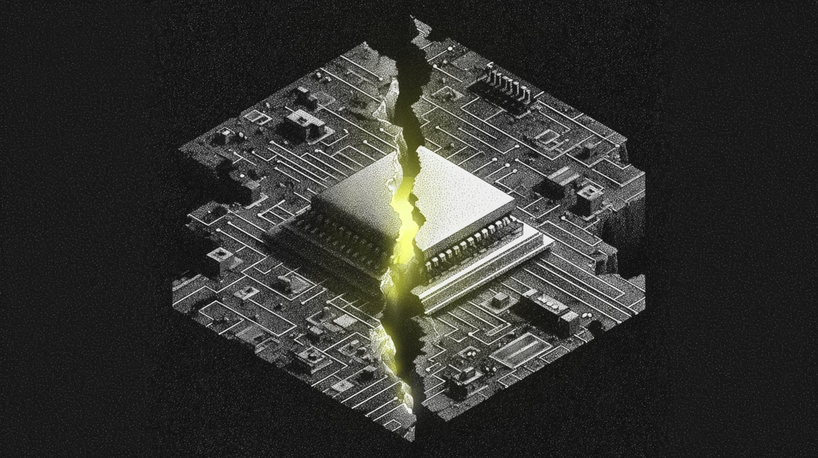 An isometric editorial illustration of a silicon chip and its surrounding circuit board split down the centre by a jagged fissure glowing acid-lime green, rendered in charcoal stipple on matte black.
