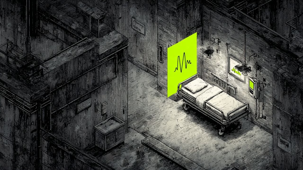 An isometric editorial illustration of a hospital corridor rendered in charcoal stipple on matte black, with a glowing lime-green heartbeat monitor on one side and a fragmented digital padlock icon dissolving into data particles, acid-lime green accent glow.