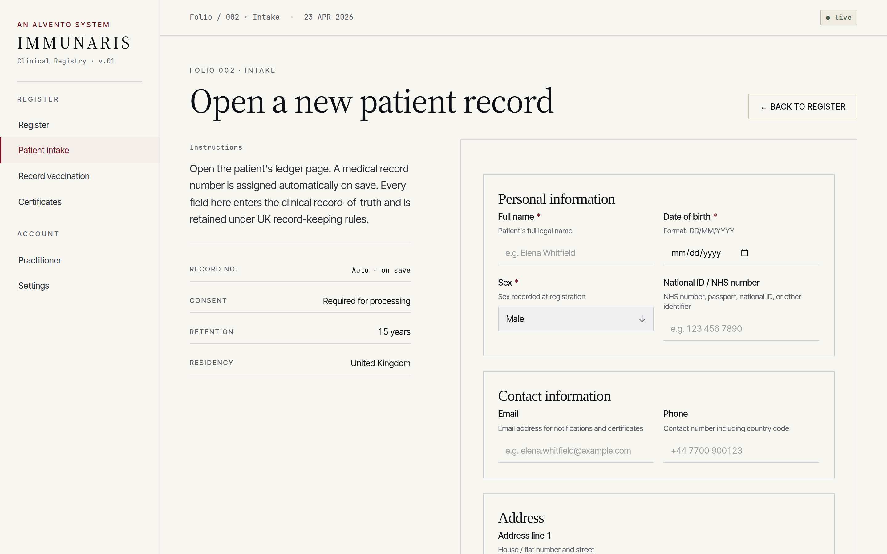 Immunaris patient intake form &mdash; folio 002