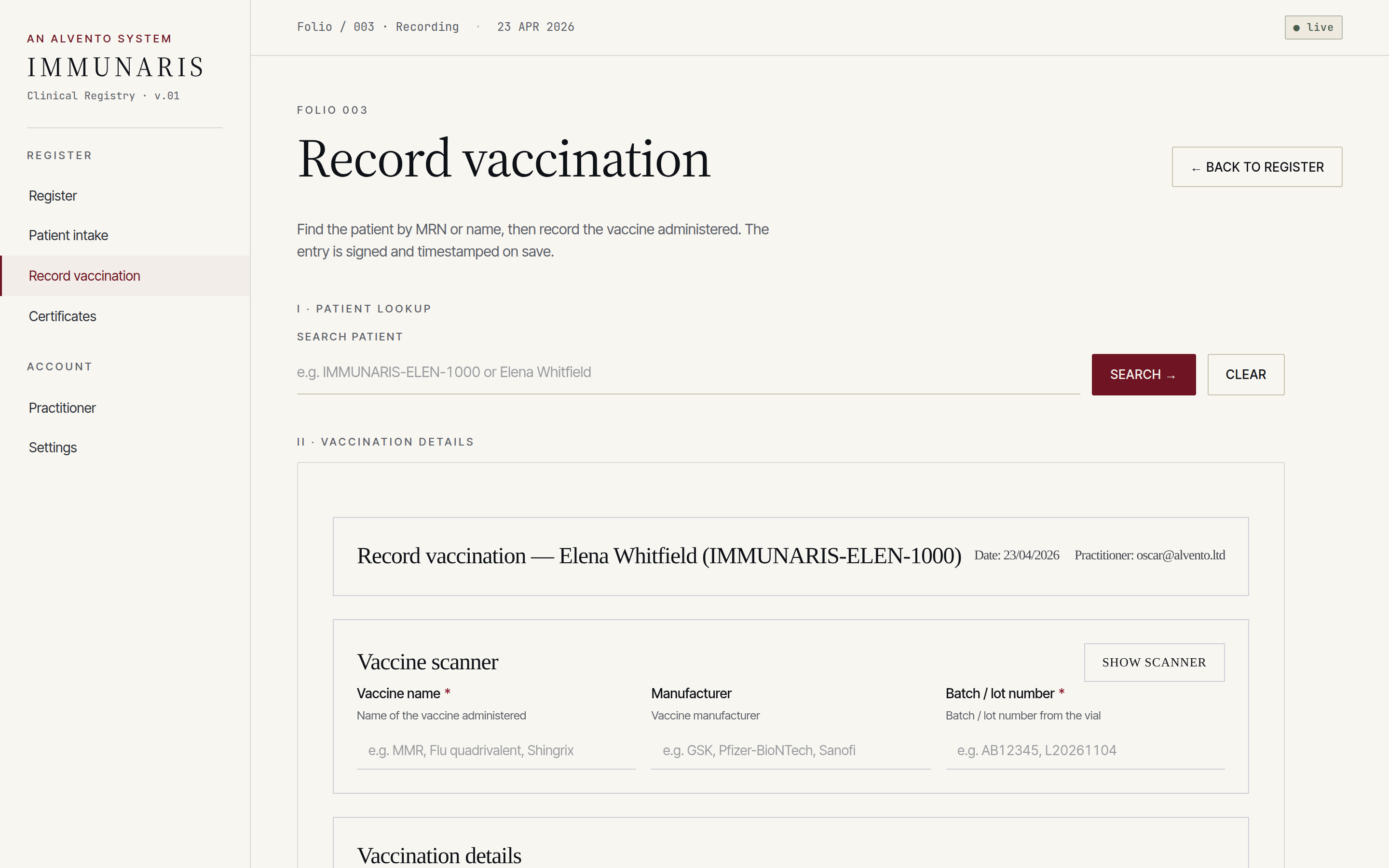 Immunaris vaccination recording screen &mdash; folio 003