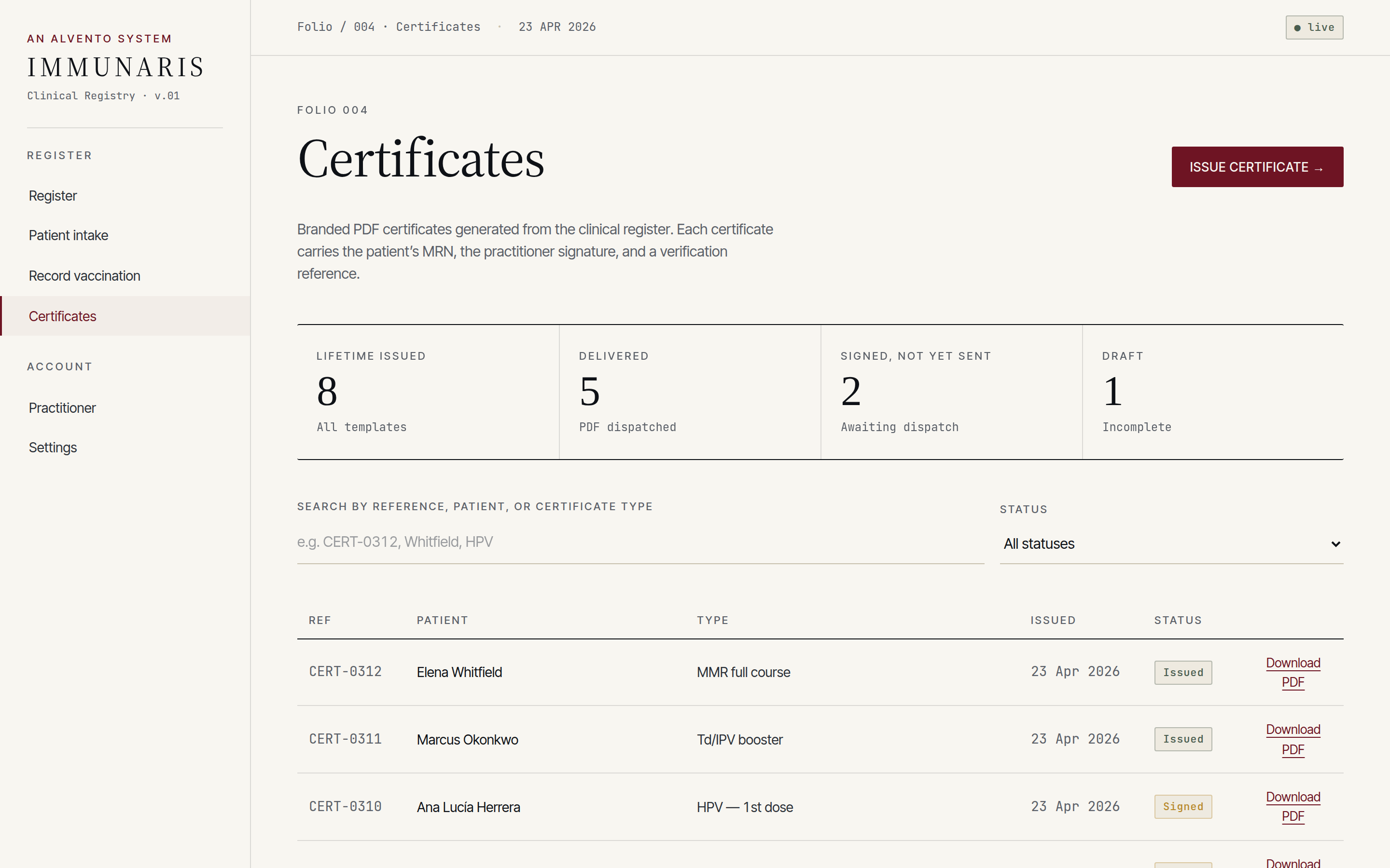 Immunaris vaccination certificate view
