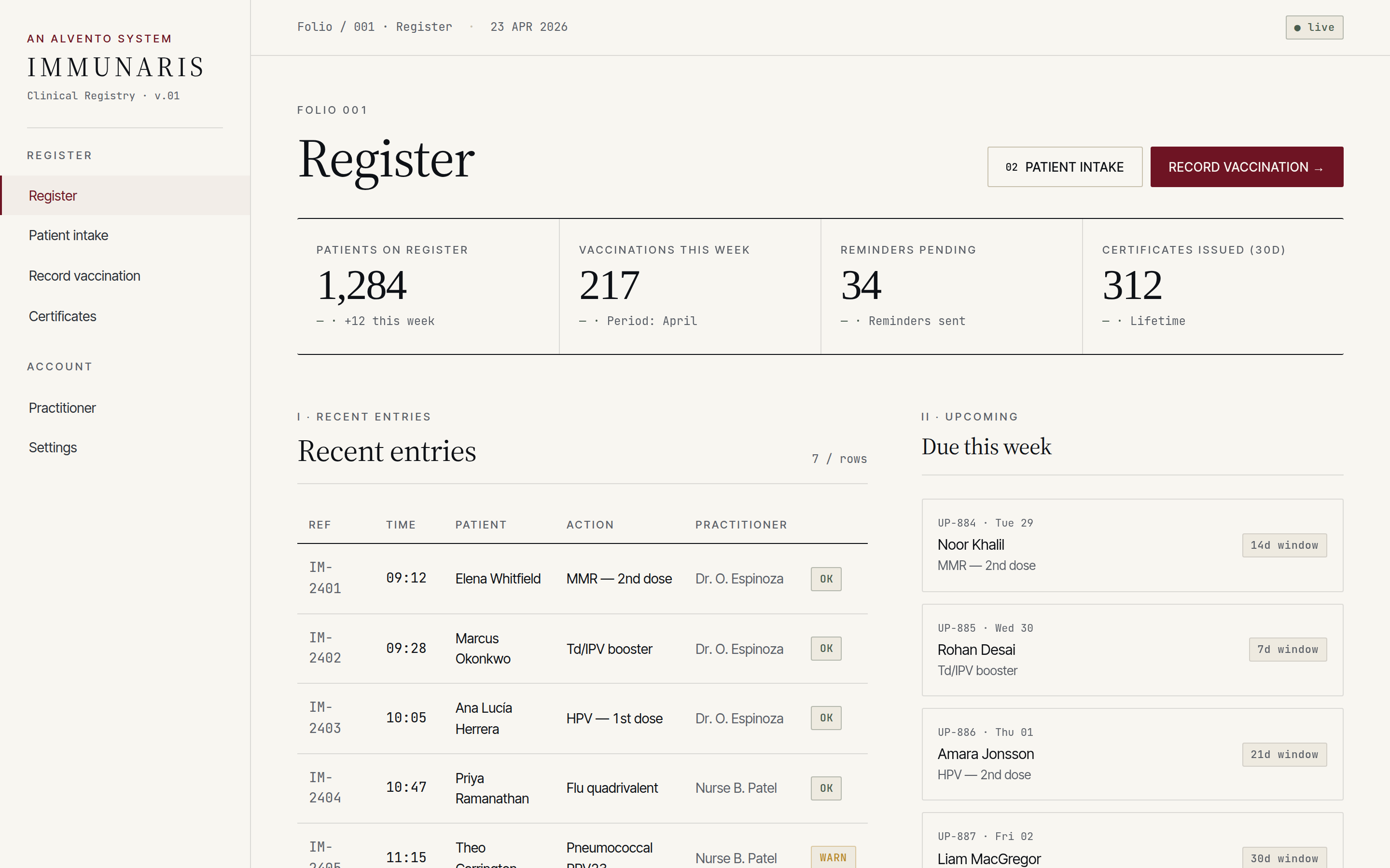 Immunaris dashboard &mdash; clinician landing view